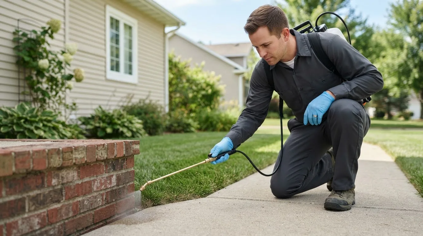 Pest control technician treating a home near Mount Auburn, IA