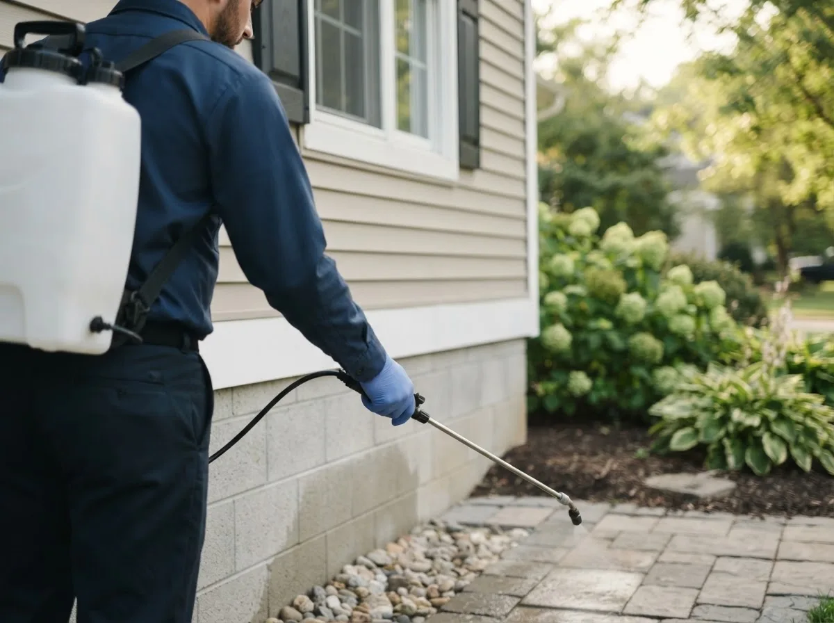 Pest control technician inspecting a home in Mount Auburn, IA